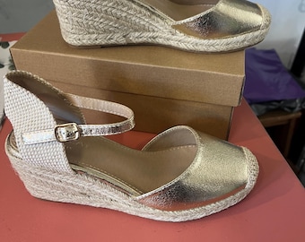 Gold Low Wedge Espadrille Shoes, Heels, Closed Toe