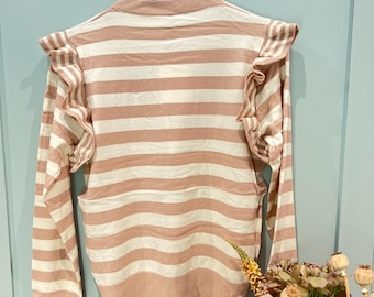 Knitted Ladies Tight Fitting Jumper with Fringe. Beige & White/Cream. Ladies Clothing, Fashion. UK Dispatch. Long-Sleeve. Striped Jumper.