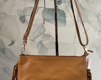 Genuine Leather Cross Body Bag, Camel Brown Colour, Made in Italy, Leather, Ladies, Girls, New Bag. UK Dispatch.