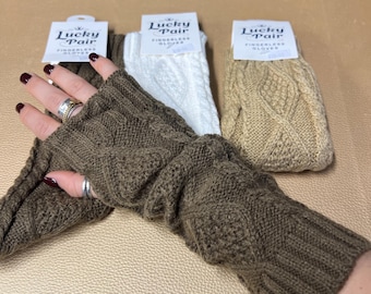 Knitted Fingerless Gloves | Soft Cable Knit Hand Warmers | Winter Fingerless Mittens in Brown, Beige & White | Cosy Gift for Her