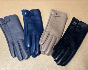 Elegant Vegan Leather Gloves with Bow Detail | Fleece-Lined Winter Gloves | Ladies’ Smart Touch Gloves | Gift for Her