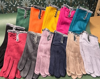 Fleece-Lined Winter Gloves | Faux Suede Feel with Button Detail | Soft Warm Ladies’ Gloves in Multiple Colours | Perfect Gift for Her
