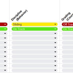 May include: A spreadsheet with student data, including student numbers, grades, attendance, and grading. The attendance and grading columns have red and green indicators. The spreadsheet is organized with column headers and rows for data entry.