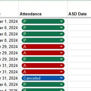 Könnte beinhalten: Eine Tabelle mit Spalten für Schülerdaten, einschließlich Datum, Name, Klasse, Administrator, Verstoß und Anwesenheit. Die Anwesenheit wird durch grüne, rote und blaue Indikatoren gekennzeichnet. Das Dokument enthält den Text "DATE", "SCHOLAR'S FIRST NAME" und "ATTENDANCE".