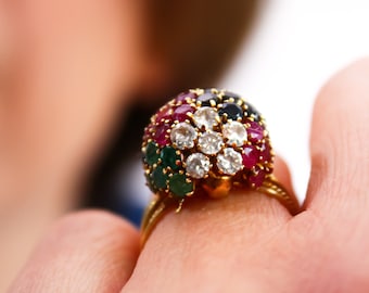 Handcrafted 14k Gold Flower Ring with Sparkling Stones - Unique Design