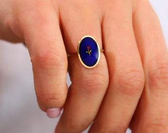 One-of-a-Kind Cloisonne Enamel Ring in 14k Gold with Handcrafted Gold Details - Unique Statement Piece