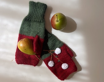 Fingerless gloves for women. Hand-knitted and hand-embroidered touch screen gloves