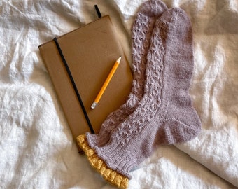 Handmade superwash wool blend  socks for cozy work from home days, Wool socks with contrasting detail. Handmade knitted socks