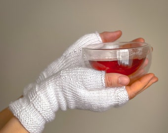 White fingerless mittens womens, made with recycled yarn. Great stocking stuffer ideas, little sister gift