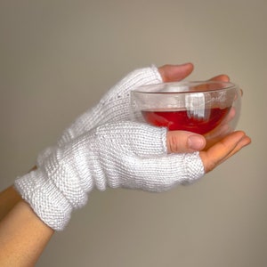 White fingerless mittens womens, made with recycled yarn. Great stocking stuffer ideas, little sister gift