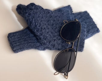 Fingerless mittens for men or women in navy blue