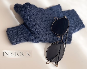 Fingerless mittens for men or women in navy blue