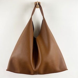Soft Leather Tote Bag for Women, Vegan Leather Slouch Bag, Shopping Bag Leather Shoulder Bag for Girl, Hobo Bag, Daily Hnadbag for Girl Brązowy