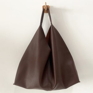 Soft Leather Tote Bag for Women, Vegan Leather Slouch Bag, Shopping Bag Leather Shoulder Bag for Girl, Hobo Bag, Daily Hnadbag for Girl Dark Brown