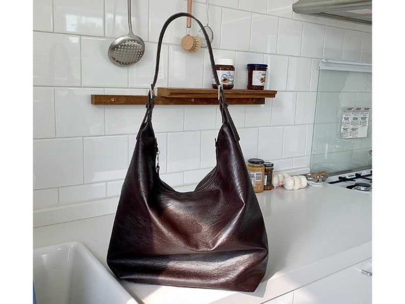 Handmade Leather Tote Bag, Vegan Leather Shoulder Bag, Leather Top Hand Bag, Shopping Bag, Slouchy Bag Hobo Bag, Gift for Mother's Day Coffee