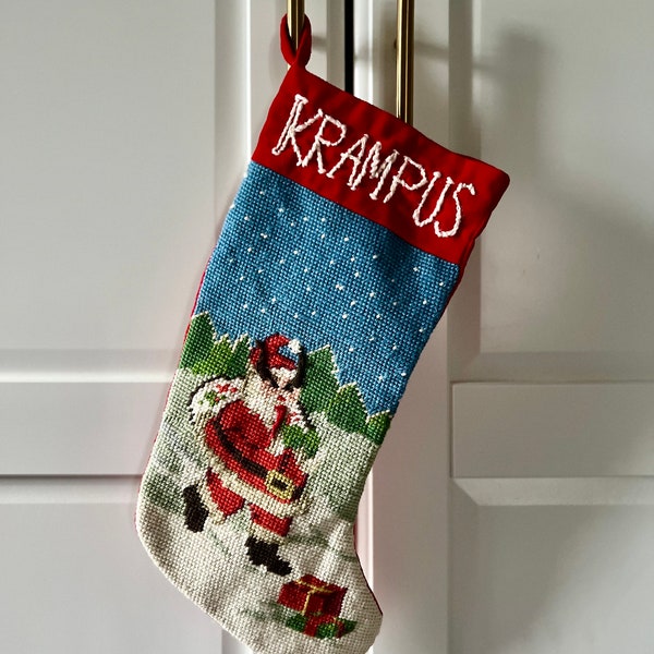 Starry Night Krampus Needlepoint Christmas Stocking Upcycled Vintage Santa