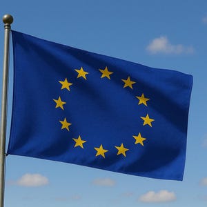 May include: A blue flag with a circle of 12 yellow stars on a blue background. The flag is waving in the wind against a bright blue sky.