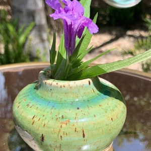 May include: A small, green ceramic vase with a white rim and brown speckles. A single purple flower with green leaves is in the vase.