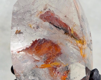 Large Fire Quartz Enhydro: Golden Healer Crystal Display with Stand