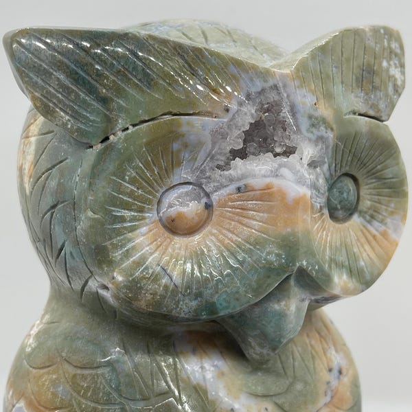 Ocean Jasper Owl Carving with Druzy