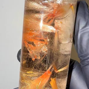 Pink Amphibole Quartz Cylinder: Golden Rutile & Lodolite Inclusions (96.1 mm)