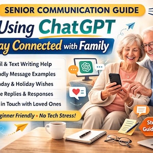May include: Image of a senior communication guide titled "Using ChatGPT to Stay Connected with Family." The guide features an older couple smiling while looking at a smartphone. The guide promises email and text writing help, friendly message examples, and more. A laptop, notepad, and coffee cup are also visible.