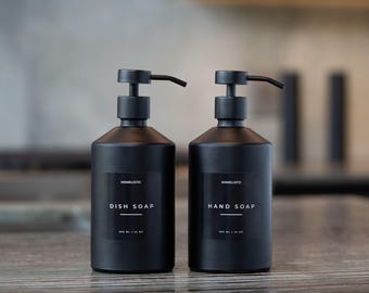 Black Glass Soap Dispenser Set: Refillable Kitchen & Bath Bottles