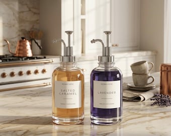 Silver Coffee Syrup Dispenser Set: Glass Bottles, Pumps, Labels