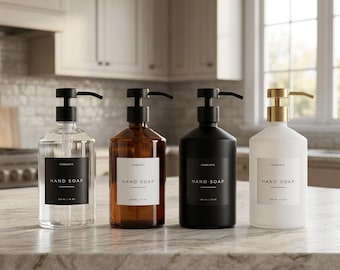 Minimalist Glass Soap Dispenser Set with 48 Waterproof Labels Custom Kitchen Bathroom Organization Color Bottle Pump Options Homelistic