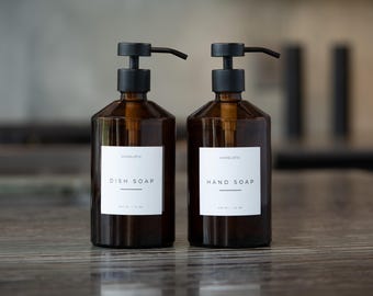 Amber Glass Soap Dispenser Set: Refillable Kitchen & Bath Bottles