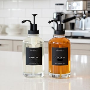 Coffee Syrup Dispenser Bottle Set of 2: Glass Bottles, Pump & Labels