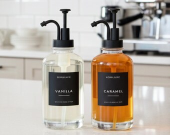 Coffee Syrup Dispenser Bottle Set of 2: Glass Bottles, Pump & Labels
