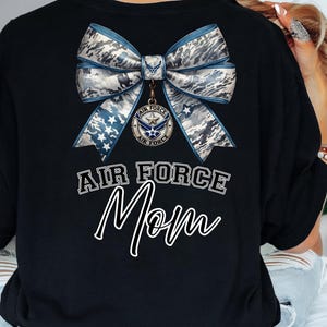 Air Force Mom Shirt – Patriotic Camo Bow USAF Mother Tee – Graduation Gift Back Print