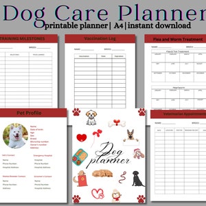 Op de afbeelding: Printbare hondenzorgplanner met secties voor trainingsmijlpalen, vaccinatielogboek, vlooien- en wormbescherming, huisdierprofiel en dierenartsafspraken. De planner heeft een rood-wit kleurenschema met illustraties van honden.