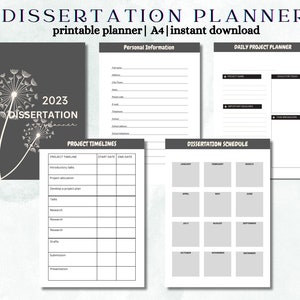 May include: A black and white printable dissertation planner featuring a dandelion design. The planner includes sections for personal information, project timelines, a daily project planner, and a dissertation schedule.