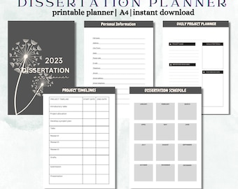 Könnte beinhalten: Ein schwarz-weißer druckbarer Dissertationsplaner mit einem Löwenzahnmuster. Der Planer enthält Abschnitte für persönliche Informationen, Projektzeitpläne, einen täglichen Projektplaner und einen Dissertationsplan.