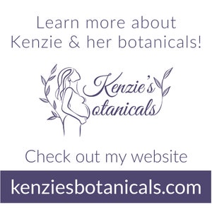 May include: White background with text and a logo. The text reads "Learn more about Kenzie & her botanicals!" and "Check out my website". The logo is a line drawing of a pregnant person. The website address is kenziesbotanicals.com.