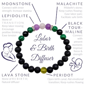 May include: A black lava stone diffuser bracelet with various colored gemstones, including green malachite, purple lepidolite, and pink rose quartz. The bracelet is labeled "Labor & Birth Diffuser" and includes the names and properties of each stone.