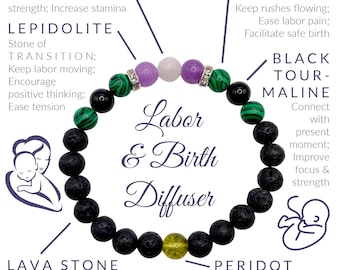 Labor & Birth Diffuser Bracelet: Lava Stone, Malachite, Peridot, Moonstone, Lepidolite, Black Tourmaline, Organic Clary Sage