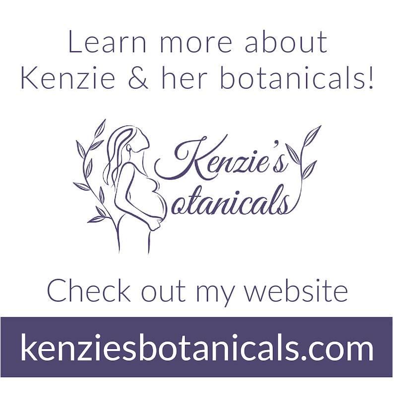 Puede incluir: Un dibujo de l&iacute;nea de una mujer embarazada con una rama floral detr&aacute;s de ella. El texto "Kenzie's Botanicals" est&aacute; escrito en letra cursiva. El texto "Learn more about Kenzie & her botanicals!" y "Check out my website kenziesbotanicals.com" tambi&eacute;n est&aacute; incluido.