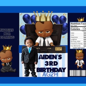 Editable Boss boy baby birthday party favors bundle template chip bags juice pouch  candy bar labels add pics and names party supplies