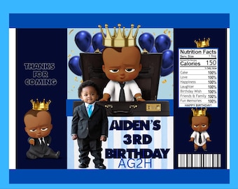 Plantilla editable de paquete de recuerdos para fiesta de cumpleaños de bebé Boss Boy, bolsas de papas fritas, bolsita de jugo, etiquetas para barra de dulces, agregar fotos y nombres, suministros para fiesta