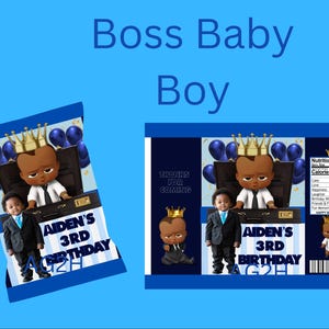 Personalized Boy Boss Baby birthday party favor chip bag template in birthday party treats   Blue party supplies with picture