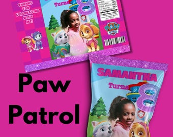May include: A pink and purple Paw Patrol themed party favor bag with a picture of a girl and the text "Samantha Turns 8".