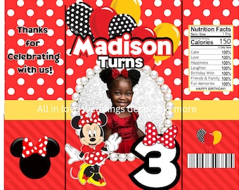 Editable Minnie Mouse party favor chip bag template editable template kids birthday party supplies girl 1st birthday ideas