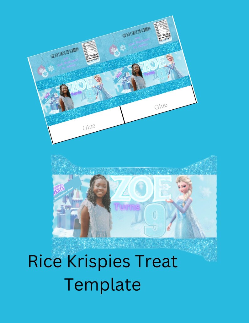 Puede incluir: Plantilla imprimible para golosinas de Rice Krispies con un fondo de brillo azul y blanco con una foto de una ni&ntilde;a y una imagen de dibujos animados de Elsa de Frozen. El texto "Zoe Turns 9" est&aacute; en morado y rosa.
