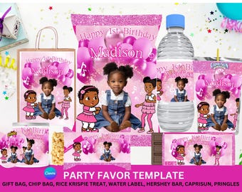 Paquete de plantillas editables para recuerdos de fiesta de cumpleaños de niña, bolsa de papas fritas personalizada, bolsa de jugo, plantilla de barra de chocolate, decoración de fiesta rosa para fiesta de canto
