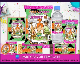Paquete de plantillas editables de obsequios para fiestas de cumpleaños personalizados, bolsas para papas fritas, bolsas para jugo, botellas de agua, yabba dabba, cumpleaños, BmBm Pbles