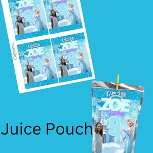 Puede incluir: Cuatro etiquetas de bolsa de jugo Capri Sun con una ni&ntilde;a con un vestido azul y un castillo en el fondo. Las etiquetas tienen el texto "Capri Sun" y "Zoe Turns 9". Tambi&eacute;n se muestra una bolsa de jugo Capri Sun con el mismo dise&ntilde;o.