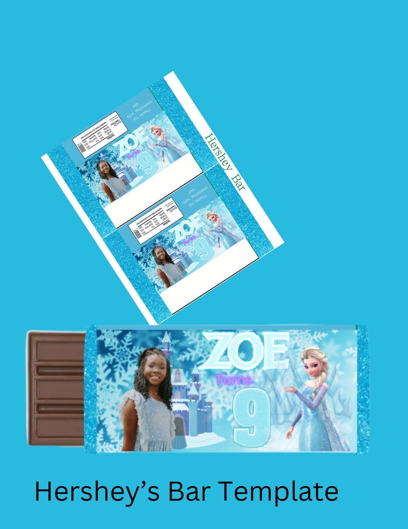 Puede incluir: Plantilla de envoltorio de barra de chocolate Hershey's con una escena de invierno azul y blanco con una ni&ntilde;a y Elsa de Frozen. El texto "ZOE Turns 9" est&aacute; en el envoltorio.